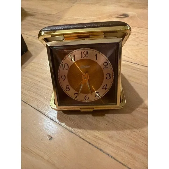 Vintage Linden Folding Travel Alarm Clock‎ Gold Face Brown Case works