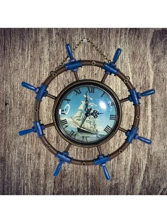 Home Blue Metal Ship Steering Wheel Boat Rudder Wall Decoration Hanging Clock