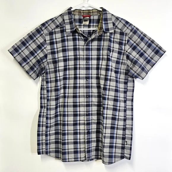 The North Face Men's Gray Blue Plaid Large Short Sleeve Casual Buttondown Shirt