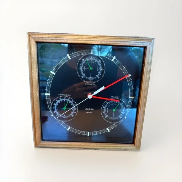 Vtg Sunbeam Weather Station Wall Clock Humidity Barometer Thermometer Wood Frame