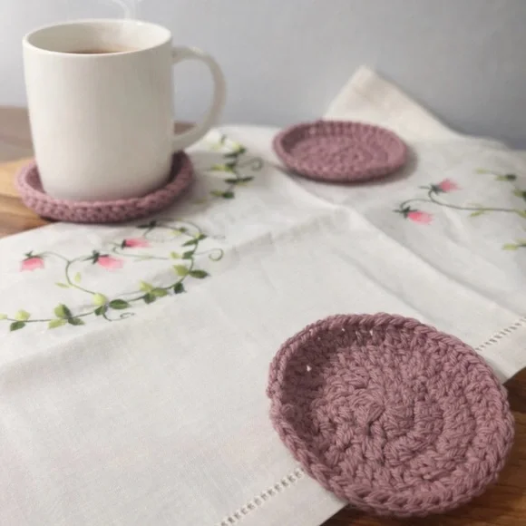 Handmade Mauve Crochet Coaster Set Vintage Hand Embroidered table topper