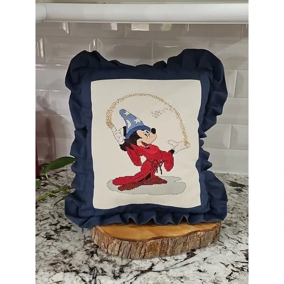 Vintage Socerer Disney's Mickey Mouse Cross Stitch Accent Pillow BEAUTIFUL