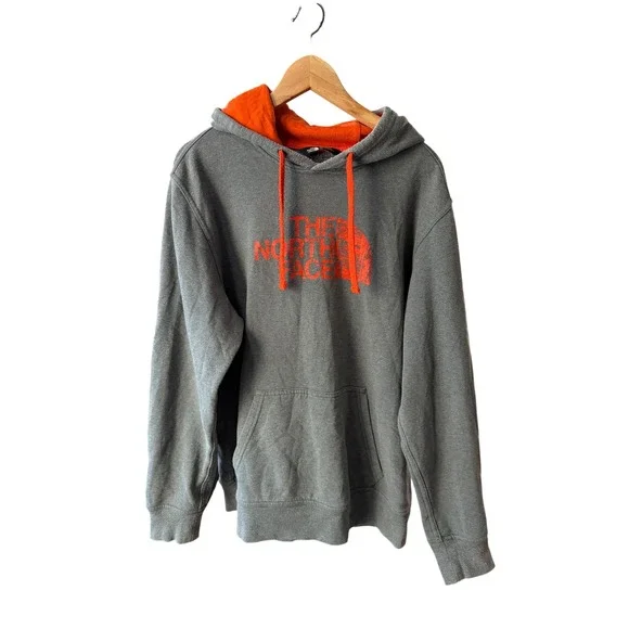 The North Face Mens‎ Pullover Hoodie Grey Orange Graphic Logo L Large Fleece