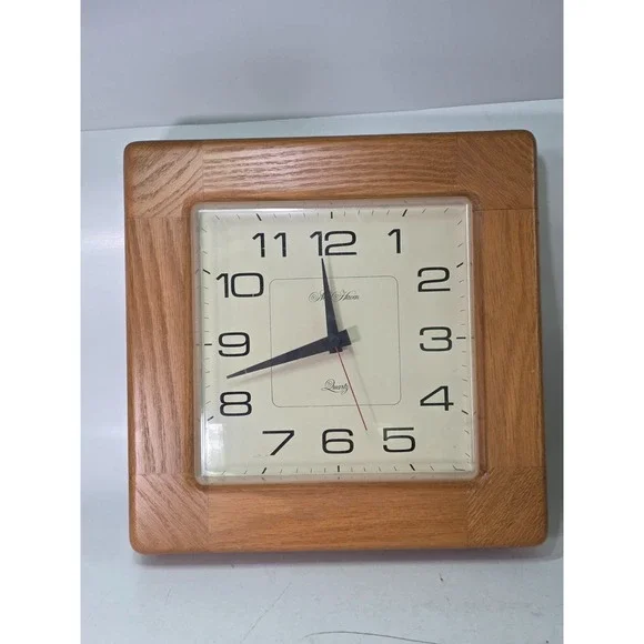 Vintage New Haven Quartz Wall Clock Square Wood Oak Frame Retro 70s 80s Rare