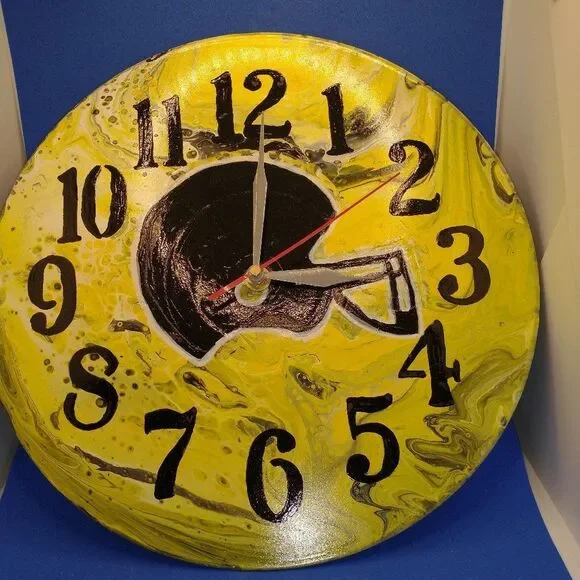 Hand Crafted Football Hanging Wall Clock Analog Vinyl Record Fluid Art Decor