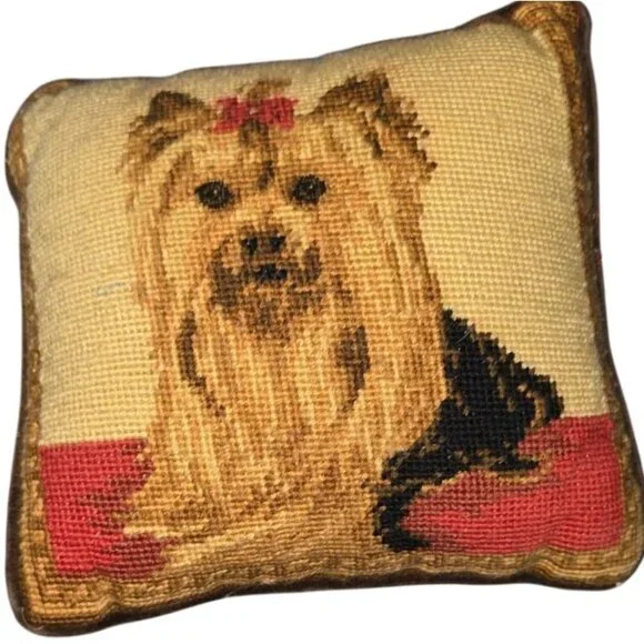 Needlepoint Throw Pillow Yorkshire Terrier 9” X 8” Brown Back Handmade