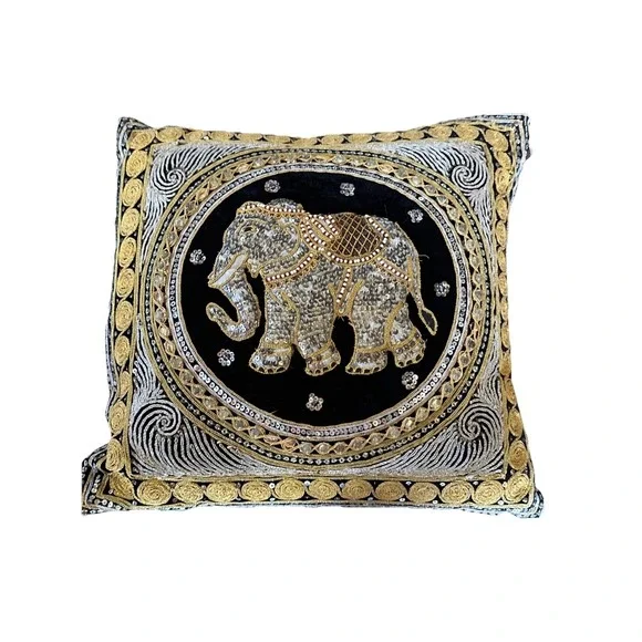 Ornate Thai Elephant Throw Pillow Embroidered Sequined Tapestry Accent 15x15