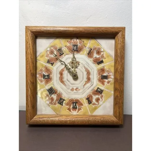 Handmade Ceramic MCM Oak Wooden Frame Tile Wall Clock Vintage WORKS
