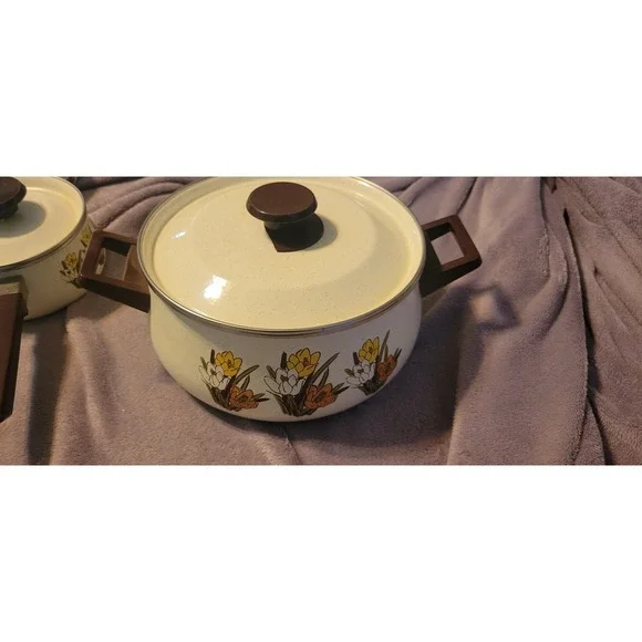 Vintage Enamelware Stock Pot with‎ Lid Cream Floral Crocus Pattern Brown Handles