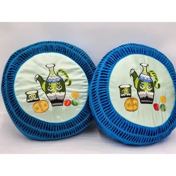 Asian Throw Pillows Pair Embroidered Blue Satin Round Decorative Tea Time