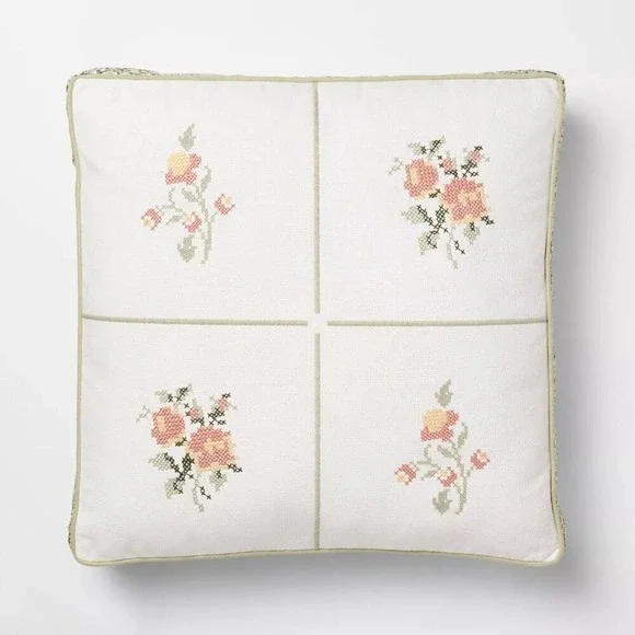 Square Cross-Stitched Floral Pillow Green/Pink - Threshold Studio McGee, Target