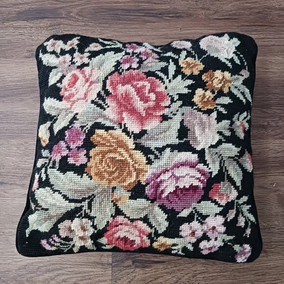 Vtg Embroidered Needlepoint ROSES Floral Motif Black Velvet‎ Throw Pillow Decor