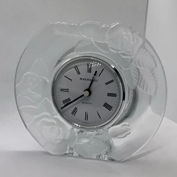 Vintage Mantel Desk Clock Home Beautiful Glass Etched Roses Japan & Quartz 5x6