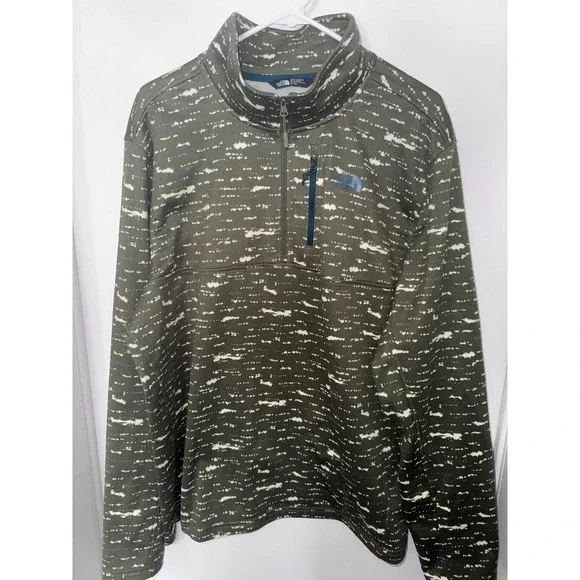 The North Face Mens XL Quarter Zip Fleece Pullover Olive Green Glitch Print