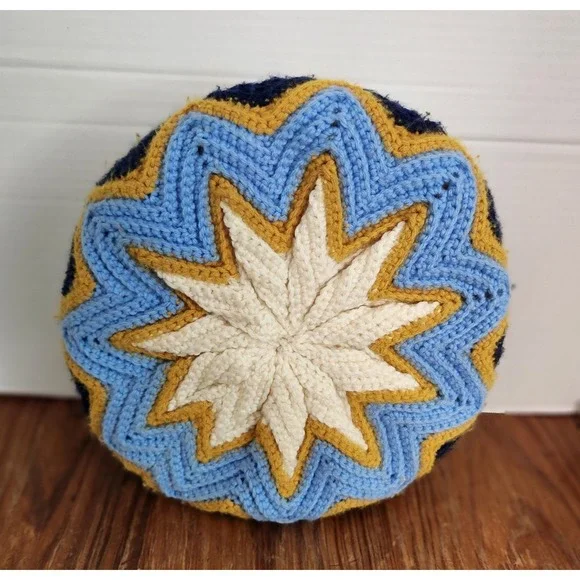 Hand Crochet Pillow Starburst Blue White Gold 13x3 Vtg‎ Grandmacore Cottagecore