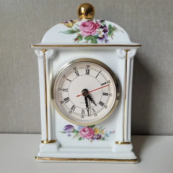 Vintage Porcelain Mantel Clock - Floral Chintz & Gold Trim - Tested & Working