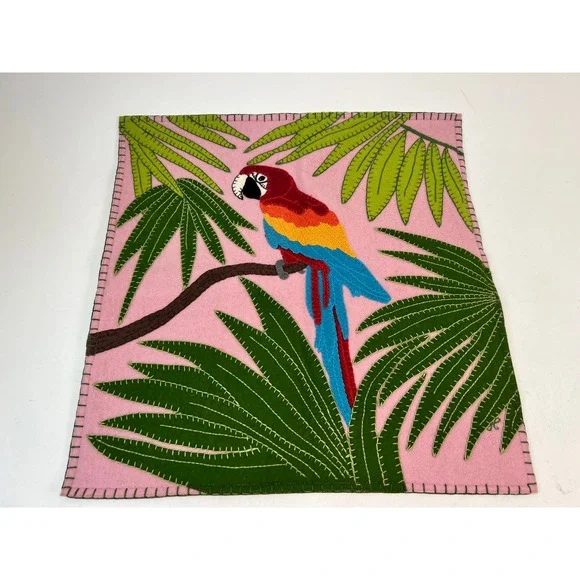 Jan Constantine England Parrot Embroidered Pink Felt Pillow Cover‎ Decor