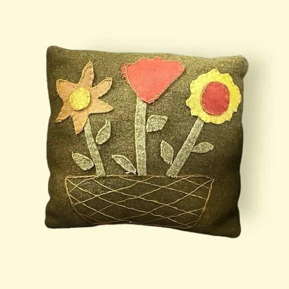 Handmade floral mini throw pillow hand sewn wool green primitive