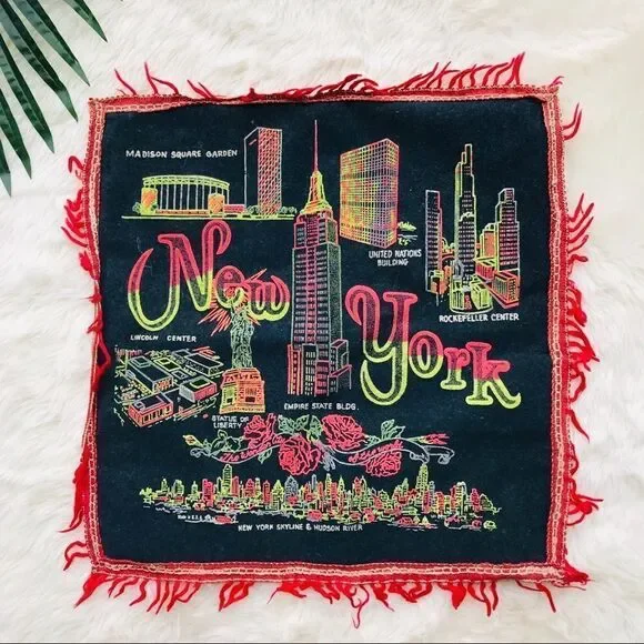 Authentic Vintage 1940s New York Neon Black Velvet Red Fringe Pillow Case Cover