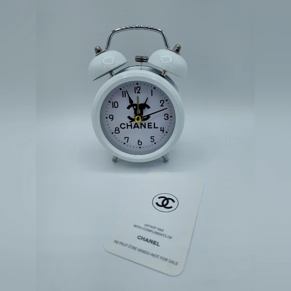 CHANEL Twin Bell Alarm Clock White Black CC Logo Desk Vanity Decor Rare WORKS