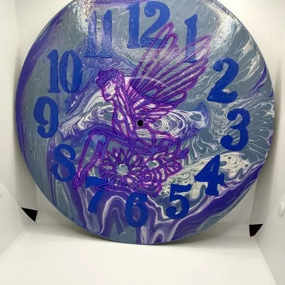 Hand Crafted Abstract Fairy Hanging Wall Clock Analog Vinyl Record Fluid Art