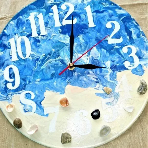 Hand Crafted Abstract Ocean Hanging Wall Clock Analog Vinyl Record Fluid Art