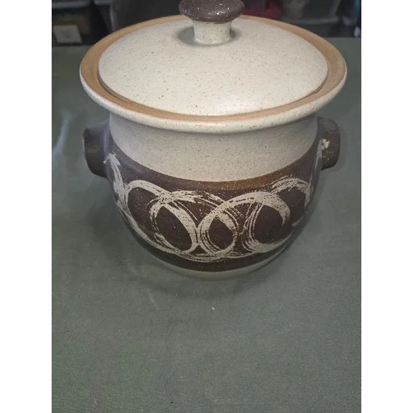 Vintage Studio Pottery Lidded Bean Pot Crock Brown Speckled Glaze Hand Painted