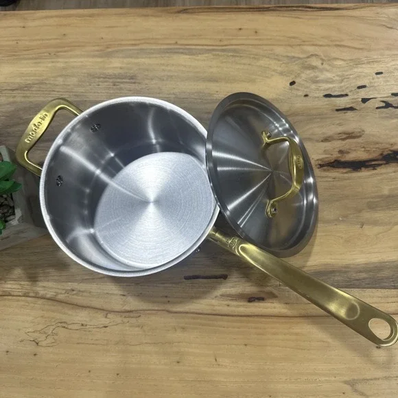 Made-In Cookware Italy 4 qt Stainless Saucepan Gold Handle W/Lid NEW