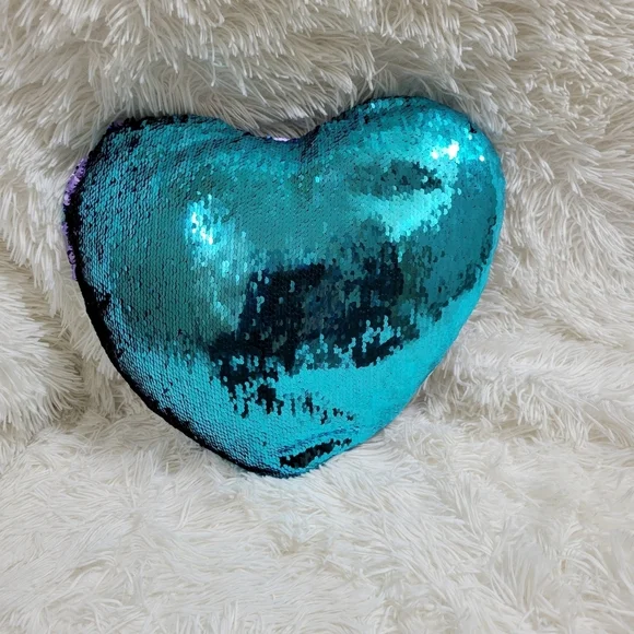 Flip Sequins Heart shaped Girl Mermaid Teal & Purple decorative pillow