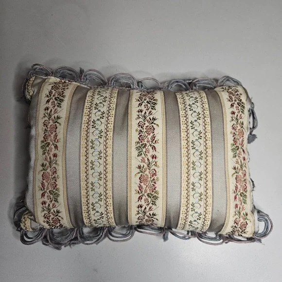 Vintage Floral Tapestry Accent Pillow Striped Tassel Trim Grey Cream 12x8