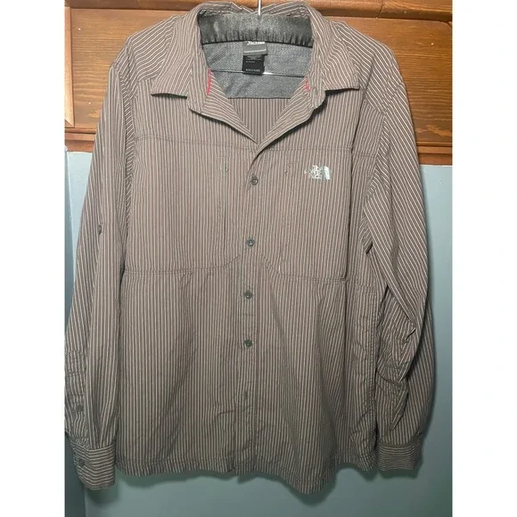 The North Face Mens Brown Pinstripe Long Sleeve Roll Tab Hiking Shirt Large