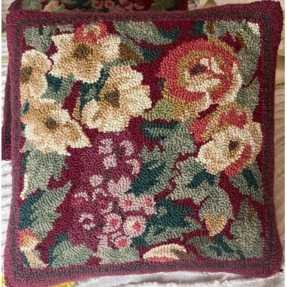 Vintage Hooked Wool Floral Throw Pillow Burgundy Velvet Back 15x15 Square Rose
