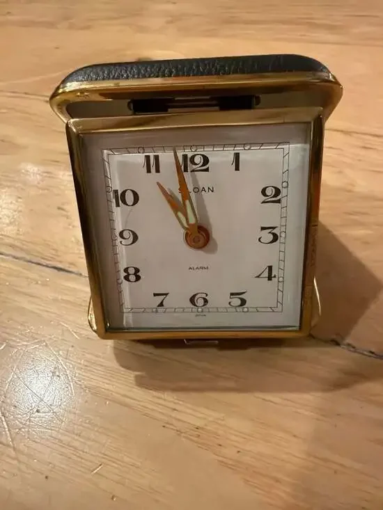 Vintage Sloan Travel Alarm‎ Clock Wind-Up Made in Japan Black Clamshell Case