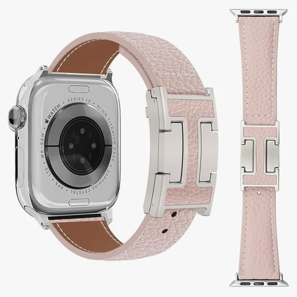 Pink Lychee Grain Leather Apple Watch Band With Magnetic H Buckle