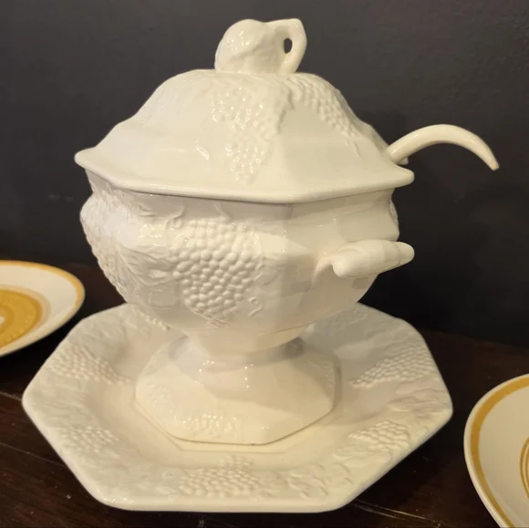 Large California Pottery Grapevine Soup Tureen Cream Ladle & Underplate Vintage