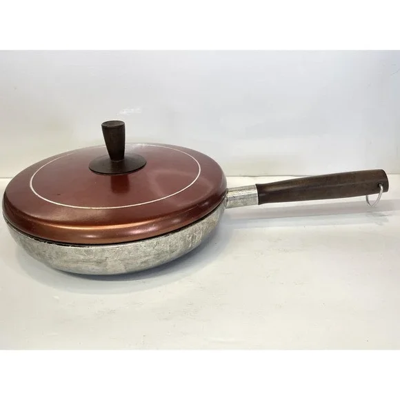 Wear-Ever‎ Aluminum Saute Skillet Copper Lid Non-Stick Wood Handle USA