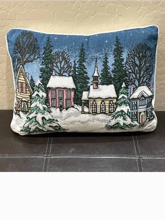 Winter Christmas Pillow Rectangle Church Village Blue Silver Holiday