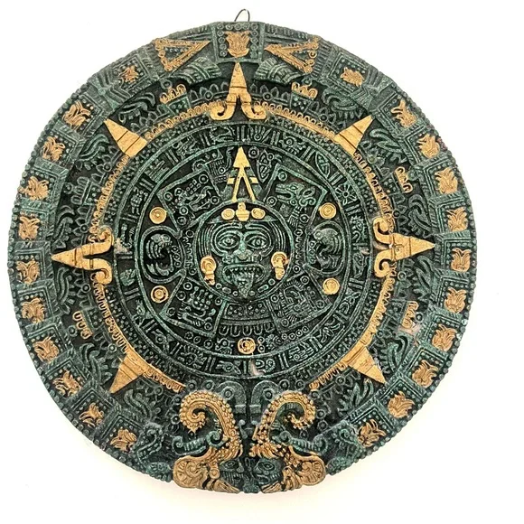 Aztec Sun Calender Intricate Green and Gold Wall Decor