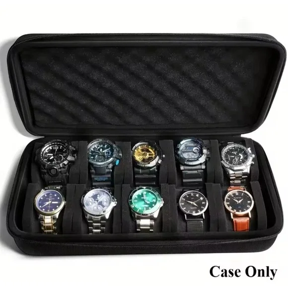 10 Slot Watch Case - Hard Clamshell Zip Travel Case Box Padded Collectors Case