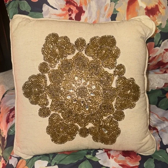 Beaded Gold Medallion Decorative Throw Pillow - Cream