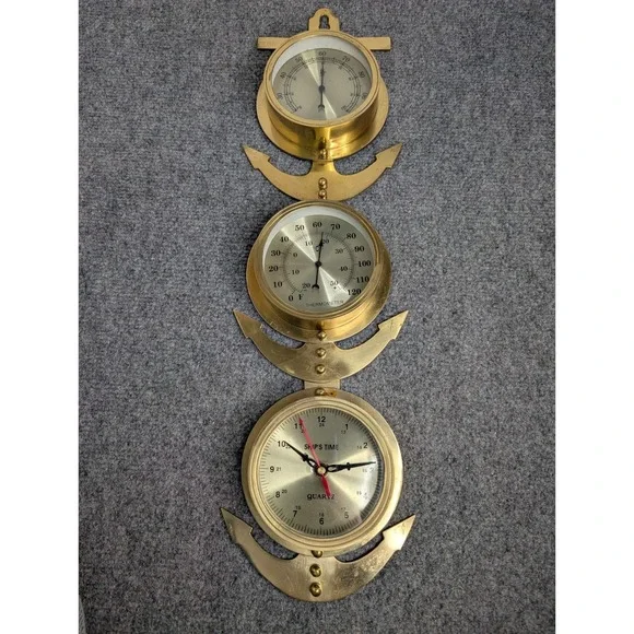 Vintage Brass Anchor Wall Weather Station Quartz Clock Thermometer Hygro READ