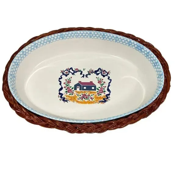 VTG Teamson 1995 Oval Stoneware Ceramic Casserole Dish with Wicker Serving Baske