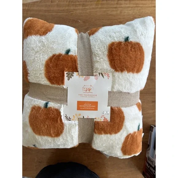 x2 Rachel‎ Ashwell Orange Pumpkin Faux Fur Throw Pillow Set Fall Decor 20