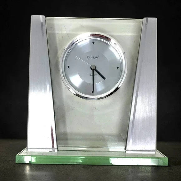 Vintage Y2K Danbury Mint Art Deco Clock Glass Brushed Silver Tone Mantel Shelf