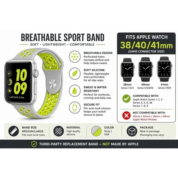 Apple Watch Band 38/40/41mm Breathable Sport Silicone Gray Volt M/L