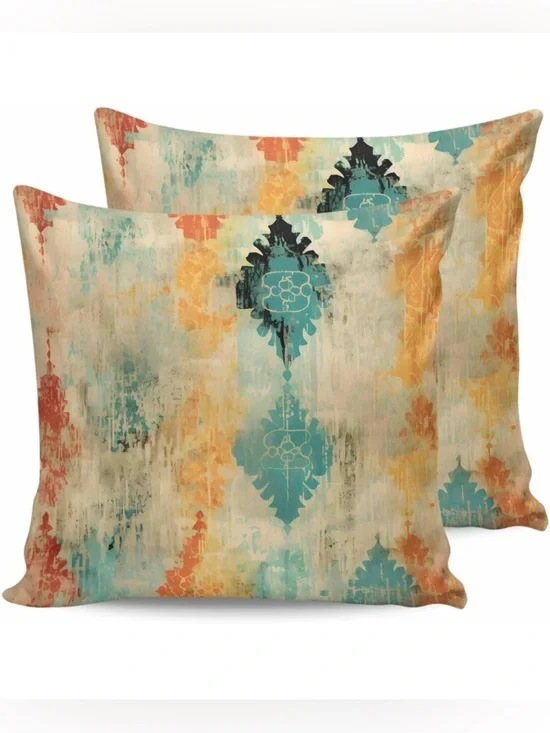 Set of 2 Throw Pillow Covers, Orange Teal 18x18