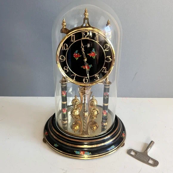 VTG Kieninger & Obergfell Anniversary 400 Day Clock Dome Floral Black Germany