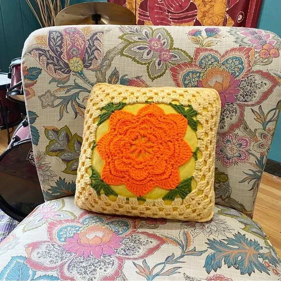Crochet Granny Square Flower Power Pillow