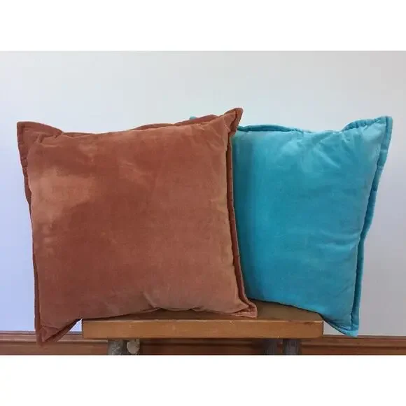 Pair Surya Velour Velvet Cotton Orange + Aqua Zip Up Square Throw Pillows 18x18