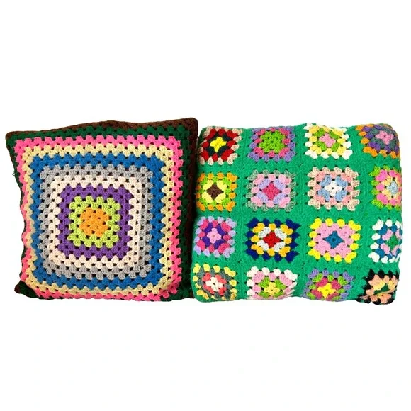 Vintage 2 Granny Square Crochet Throw Pillow & Case Rainbow Handmade Decorative